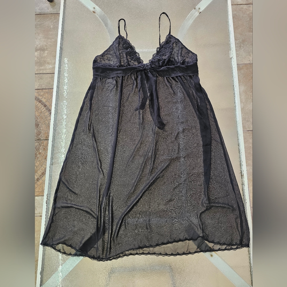Dentelle Black Lace Sheer Babydoll 3X Plus Size Mesh Lingerie Nightgown